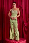 Buy_TYOHAR_Green Dutch Satin Embroidery Floral Asymmetric Neck Nimai Jumpsuit  _at_Aza_Fashions