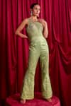 TYOHAR_Green Dutch Satin Embroidery Floral Asymmetric Neck Nimai Jumpsuit  _Online_at_Aza_Fashions