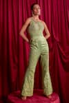 Buy_TYOHAR_Green Dutch Satin Embroidery Floral Asymmetric Neck Nimai Jumpsuit  _Online_at_Aza_Fashions