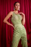 TYOHAR_Green Dutch Satin Embroidery Floral Asymmetric Neck Nimai Jumpsuit  _at_Aza_Fashions