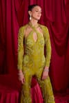 Shop_TYOHAR_Green Silk Embroidery Floral Criss Cross Neck Sanoli Jumpsuit With Jacket _at_Aza_Fashions