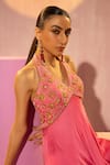 Shop_TYOHAR_Pink Modal Satin Floral Neckline Short Kurta And Flared Pant Set  _Online_at_Aza_Fashions