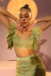 Shop_TYOHAR_Green Dutch Satin Embroidery Sequin Sweetheart Neck Malak Bustier And Skirt Set _Online_at_Aza_Fashions