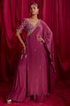 Buy_TYOHAR_Purple Pure Crepe Embroidered Floral Blouse Aarani Tasseled Cape And Palazzo Set _at_Aza_Fashions