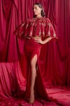 Buy_TYOHAR_Red Blouse And Skirt Pure Crepe Embroidered Floral Cape Zansi & Draped Set _at_Aza_Fashions