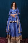 Buy_SAUBHAGYA_Blue Peplum Top And Skirt Milan Tafta Silk Embroidery Gota Patti Neckline Set_at_Aza_Fashions