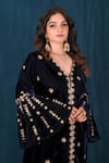 Shop_Saubhagya_Blue Velvet Sequins V-neck Embroidered Kurta And Wide Legged Pant Set _Online_at_Aza_Fashions