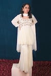 Buy_Saubhagya_Off White Georgette, Linen Pearls, Floral Embroidered Peplum Kurta Sharara Set _at_Aza_Fashions