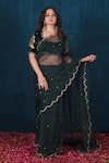 Buy_SAUBHAGYA_Green Blouse Silk Velvet Embroidery Zari Scoop Neck Scallop Border Saree With _at_Aza_Fashions