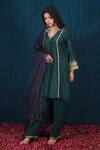 Saubhagya_Green Silk, Cotton, Organza Sequins Split V-neck Zari Embroidered Kurta Set _Online_at_Aza_Fashions
