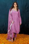 Buy_Saubhagya_Purple Silk, Net Stones, Zari, Smocking Round Neckline Embroidered Kurta Set _at_Aza_Fashions