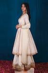 Buy_SAUBHAGYA_Off White Anarkali Banarasi Chanderi Woven Floral V Neck Skirt Set _Online_at_Aza_Fashions