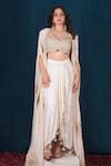 SAUBHAGYA_Off White Cape Georgette Embroidery Zari Cape Open Draped Skirt Set _Online_at_Aza_Fashions