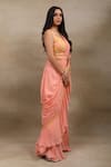 Buy_SAUBHAGYA_Peach Saree And Blouse Georgette Embroidery Floral Pre-draped Ruffle & Set _Online_at_Aza_Fashions