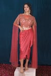 Buy_SAUBHAGYA_Pink Blouse Tulle Embroidery Floral Straight Neck With Draped Skirt _at_Aza_Fashions