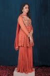 SAUBHAGYA_Orange Kurta Banarasi Georgette Embroidery Dabka Round Neck Hand Sharara Set _Online_at_Aza_Fashions