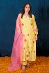 SAUBHAGYA_Yellow Chanderi Silk Embroidery Floral Notched Neck Kurta Pant Set _Online_at_Aza_Fashions