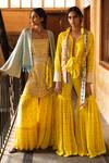 Shop_ANUSHKA KHANNA_Yellow Silk Crepe Embroidery Floral Bell Sleeves Jacket Gharara Set  _at_Aza_Fashions