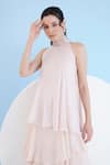 Buy_Mandira Wirk_Pink Chiffon Embellished Sequin Band Collar Asymmetric Tired Dress 