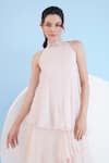 Shop_Mandira Wirk_Pink Chiffon Embellished Sequin Band Collar Asymmetric Tired Dress 