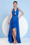 Shop_Mandira Wirk_Blue Chiffon Embellished Sequin Halter Cut-out High-low Dress _Online_at_Aza_Fashions