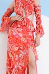 Mandira Wirk_Red Chiffon Printed Orchid Round Cut-out Dress _Online_at_Aza_Fashions