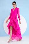 Mandira Wirk_Pink Viscose Georgette Solid V-neck High-low Dress _Online_at_Aza_Fashions