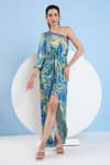 Buy_Mandira Wirk_Blue Satin Printed Botanic Foliage One Shoulder Draped Dress _at_Aza_Fashions