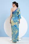 Shop_Mandira Wirk_Blue Satin Printed Botanic Foliage One Shoulder Draped Dress _at_Aza_Fashions