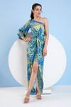 Mandira Wirk_Blue Satin Printed Botanic Foliage One Shoulder Draped Dress _Online_at_Aza_Fashions