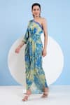 Buy_Mandira Wirk_Blue Satin Printed Botanic Foliage One Shoulder Draped Dress _Online_at_Aza_Fashions