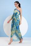 Shop_Mandira Wirk_Blue Satin Printed Botanic Foliage One Shoulder Draped Dress _Online_at_Aza_Fashions