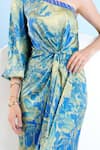 Mandira Wirk_Blue Satin Printed Botanic Foliage One Shoulder Draped Dress _at_Aza_Fashions