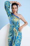 Buy_Mandira Wirk_Blue Satin Printed Botanic Foliage One Shoulder Draped Dress 