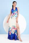 Buy_Mandira Wirk_Blue Satin Printed Floral Halter Slit Dress _at_Aza_Fashions