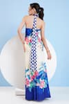 Shop_Mandira Wirk_Blue Satin Printed Floral Halter Slit Dress _at_Aza_Fashions