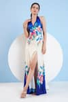 Mandira Wirk_Blue Satin Printed Floral Halter Slit Dress _Online_at_Aza_Fashions