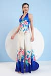 Buy_Mandira Wirk_Blue Satin Printed Floral Halter Slit Dress _Online_at_Aza_Fashions