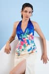 Buy_Mandira Wirk_Blue Satin Printed Floral Halter Slit Dress 