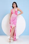 Buy_Mandira Wirk_Pink Jersey Printed Floral Halter Plunge High-low Dress _at_Aza_Fashions