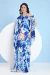 Mandira Wirk_Blue Satin Printed Floral One Shoulder Kaftan _Online_at_Aza_Fashions