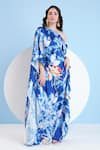 Shop_Mandira Wirk_Blue Satin Printed Floral One Shoulder Kaftan _Online_at_Aza_Fashions