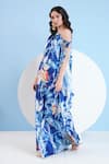 Mandira Wirk_Blue Satin Printed Floral One Shoulder Kaftan _at_Aza_Fashions