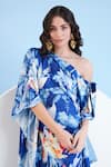 Buy_Mandira Wirk_Blue Satin Printed Floral One Shoulder Kaftan 