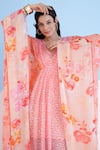 Mandira Wirk_Orange Georgette Printed Floral V-neck Scalloped Petal Kaftan _at_Aza_Fashions