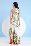 Shop_Mandira Wirk_Ivory Satin Printed Lily Asymmetric Exotic One Shoulder Tiered Dress _at_Aza_Fashions