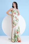 Shop_Mandira Wirk_Ivory Satin Printed Lily Asymmetric Exotic One Shoulder Tiered Dress _Online_at_Aza_Fashions