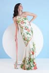 Mandira Wirk_Ivory Satin Printed Lily Asymmetric Exotic One Shoulder Tiered Dress _at_Aza_Fashions