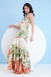 Buy_Mandira Wirk_Ivory Satin Printed Lily Asymmetric Exotic One Shoulder Tiered Dress 