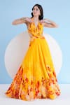 Buy_Mandira Wirk_Yellow Chiffon Printed Orchid Halter Maxi Dress_at_Aza_Fashions